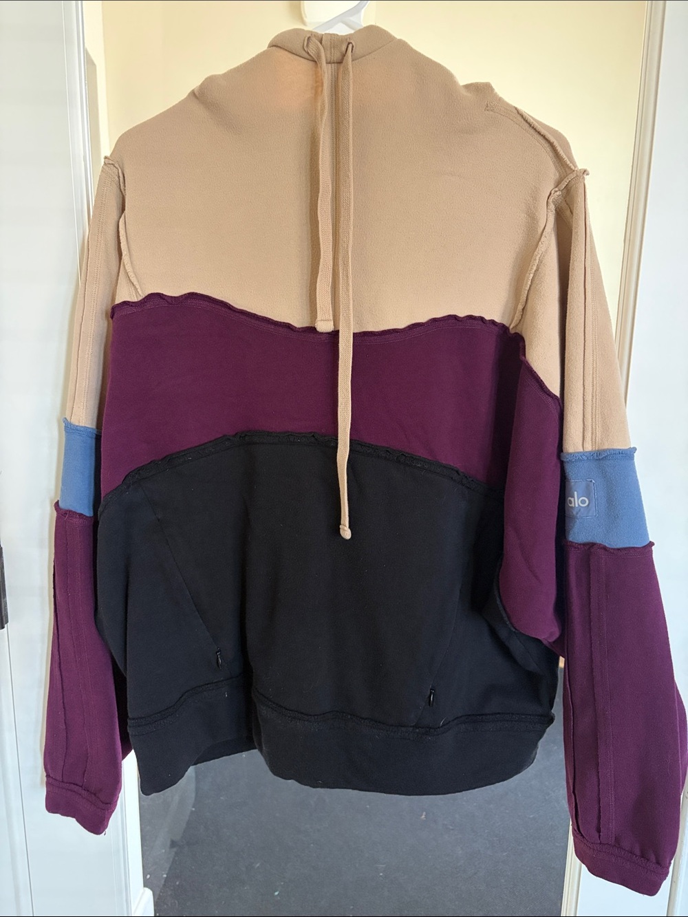 ALO Yoga Colorblock Zip Hoodie in Beige, Plum, Black & Blue